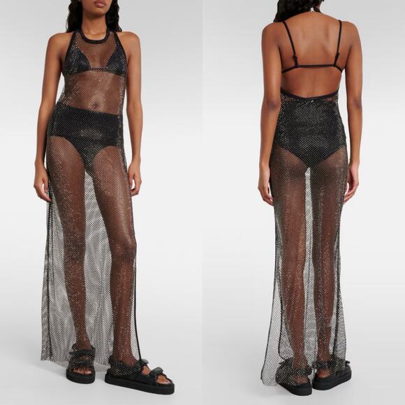 NWT Jonathan Simkhai Inaya Rhinestone Mesh Maxi Dress Black Coverup Beach Size M - Picture 10 of 14